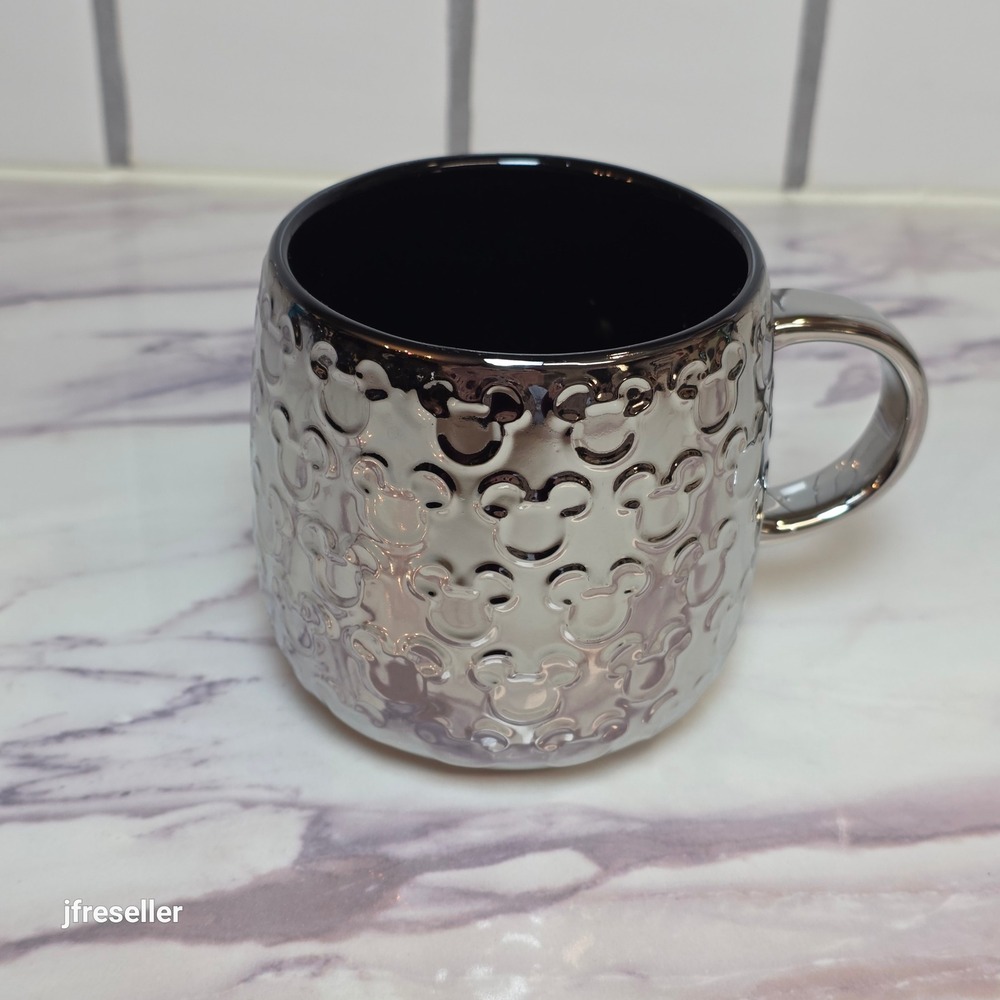 Disney Mickey Mouse Embossed Silver Metallic Chrome Stoneware Mug 16oz Black